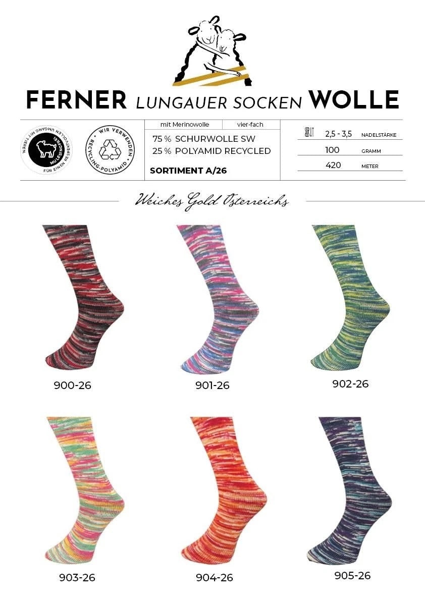 Ferner Lungauer Sockenwolle 4-fach – Sortimentsposter A/26 – Farbverläufe 900-26 bis 905-26