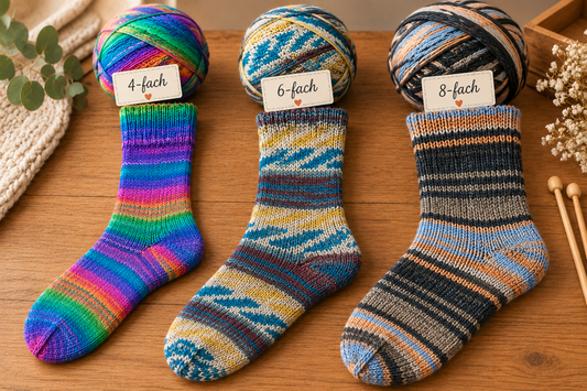 Drei gestrickte Socken aus 4-fach, 6-fach und 8-fach Sockenwolle im direkten Vergleich