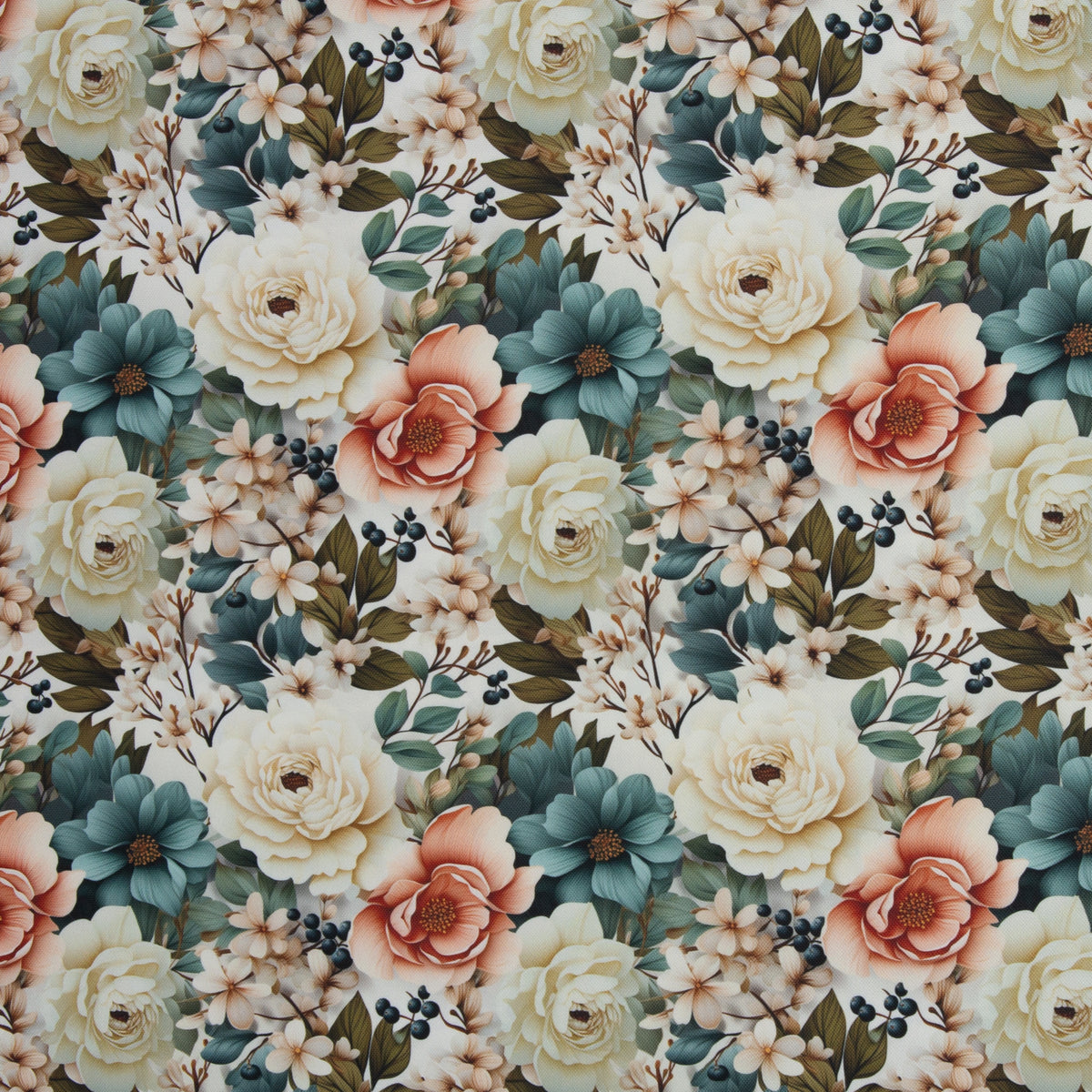 Swafing Flowing Bloom Polyesterstoff – smaragd/apricot/naturweiß