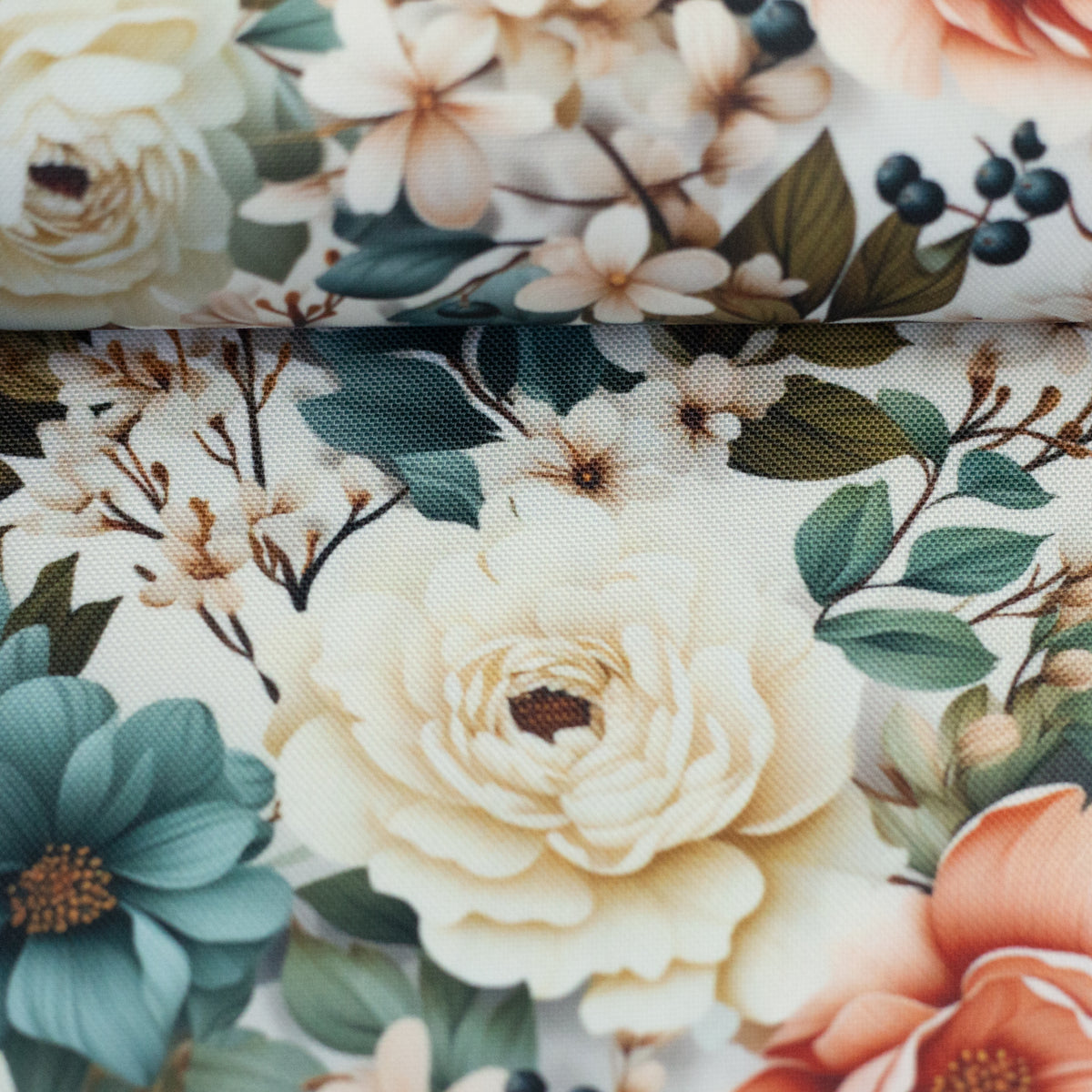 Swafing Flowing Bloom Polyesterstoff – smaragd/apricot/naturweiß
