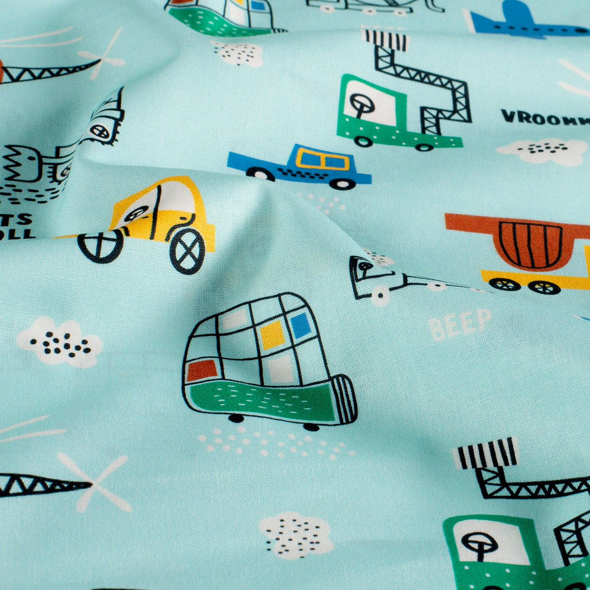 Baumwollpopeline Fahrzeuge – Babyblau