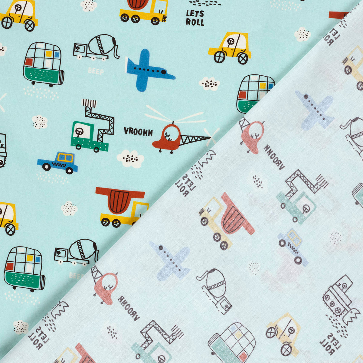 Baumwollpopeline Fahrzeuge – Babyblau