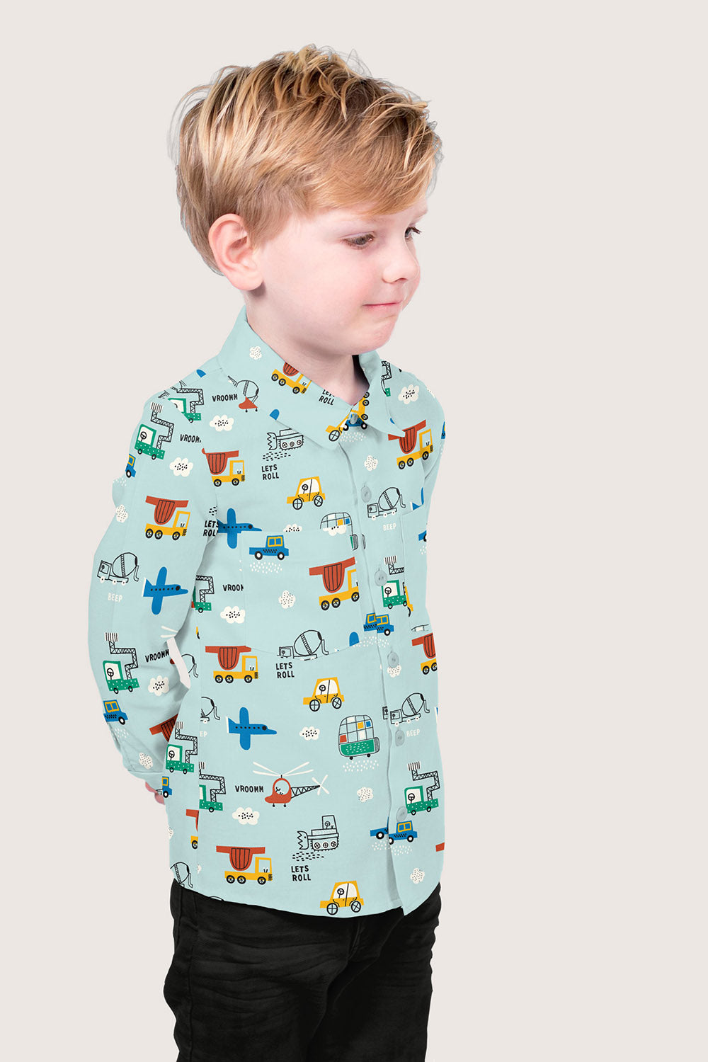 Baumwollpopeline Fahrzeuge – Babyblau